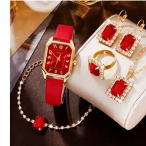 NWT 6pc Red Women Retro PU Leather Band Quartz Watches+Crystal Jewelry Set